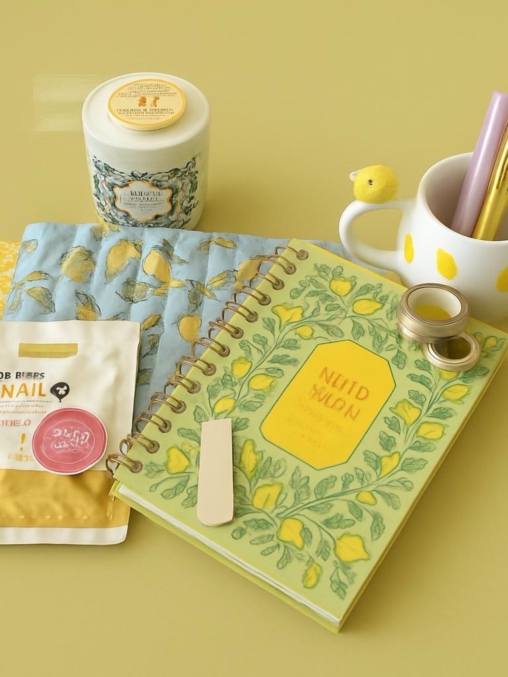 Lemon Print journal and Quilted Pouch in Light Blue Self care box